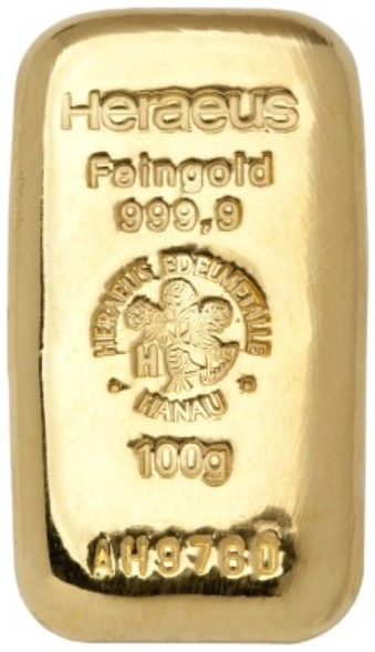 100g Gold Bar Heraeus Cast