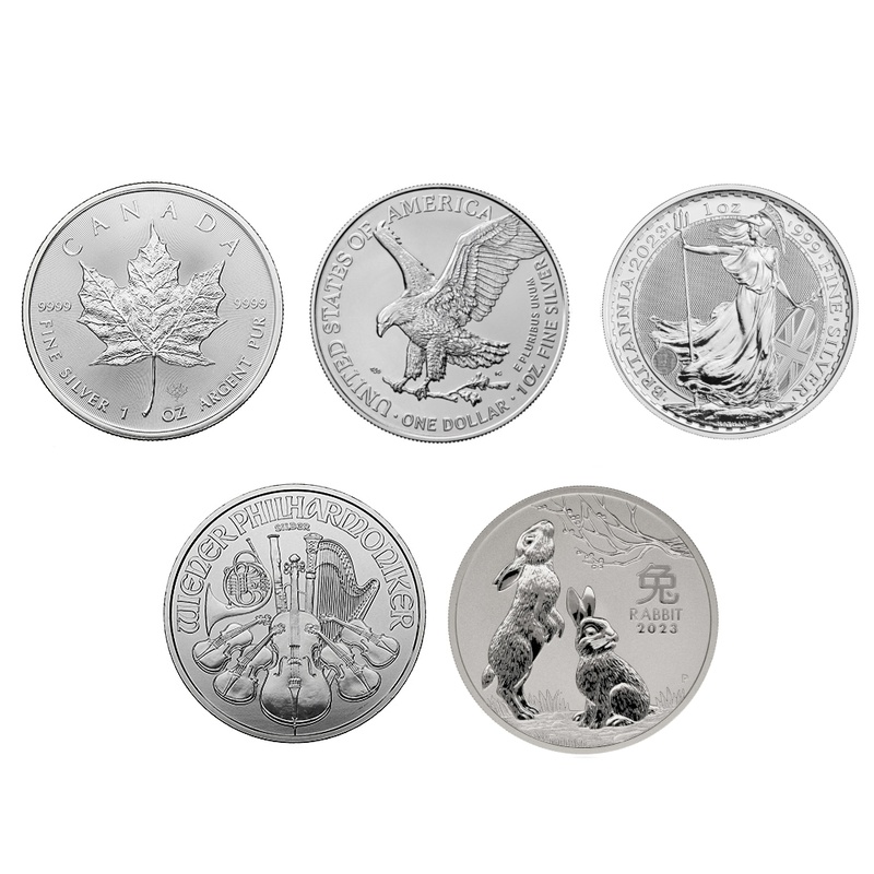 Σετ 5 Ασημένια Νομίσματα 1 ουγγιάς 2023: Αγγλίας, Σφενδάμου, Φιλαρμονικής, Αετού, Κουνελιού